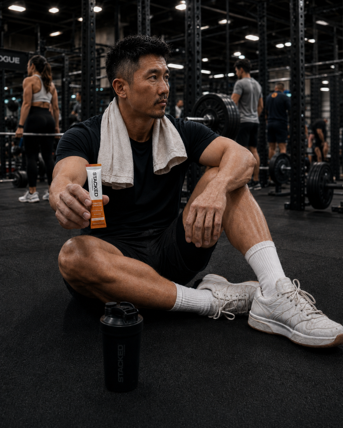 Man resting on the gym floor holding a TONE stick pack