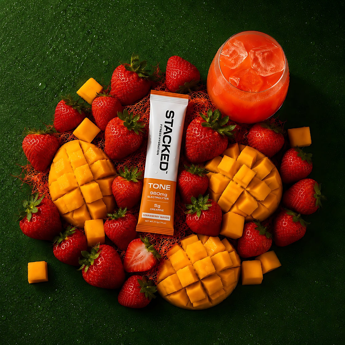 TONE Strawberry Mango stick pack resting on fresh strawberries and mango against a green background