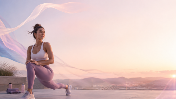 A woman does a lunge stretch outdoors at sunset with flowing fabric behind her, capturing the strength and motion research on creatine for women is only now catching up to.