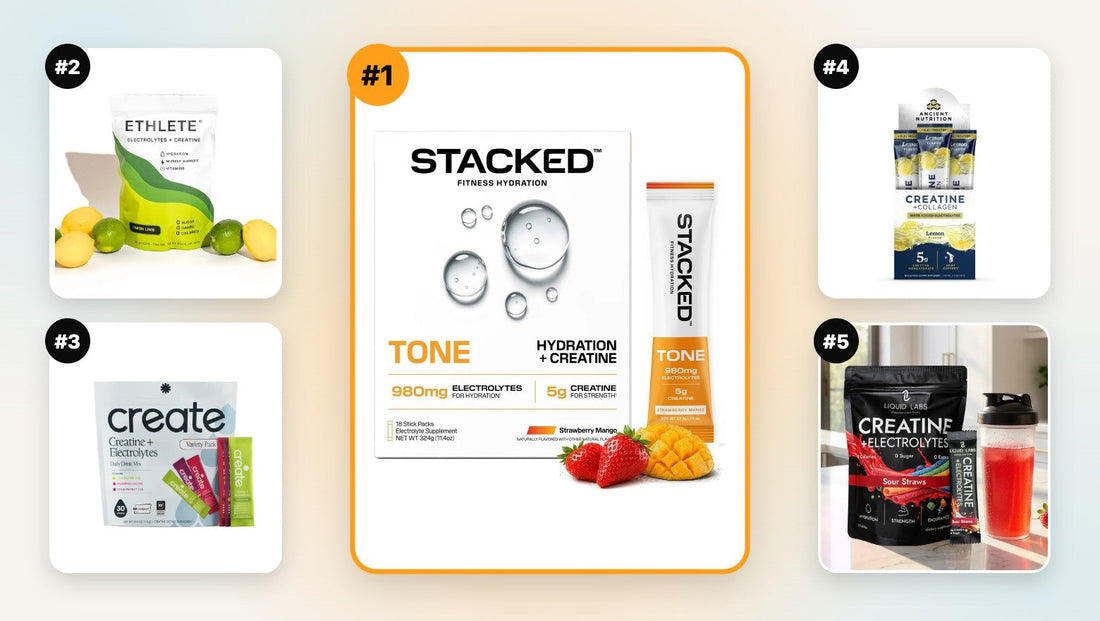 Collage of the five best creatine + electrolyte stick packs for 2026, with Stacked TONE ranked #1 in the center, surrounded by Ethlete, Create, Ancient Nutrition and Liquid Labs