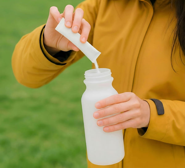 Woman pouring an electrolyte stick pack into a water bottle as part of a daily wellness routine
