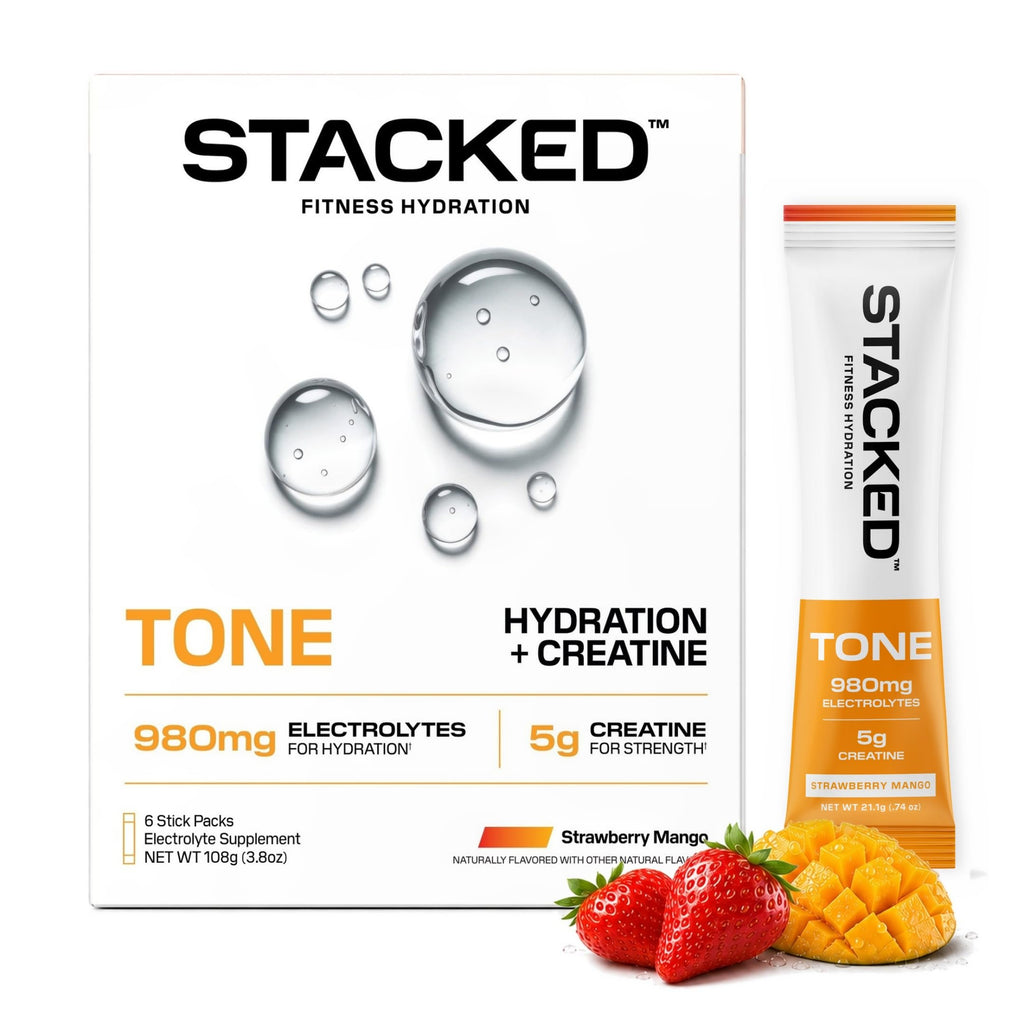 TONE by Stacked Fitness Hydration Strawberry Mango 6 stick pack box with single stick: 980mg electrolytes and 5g creatine