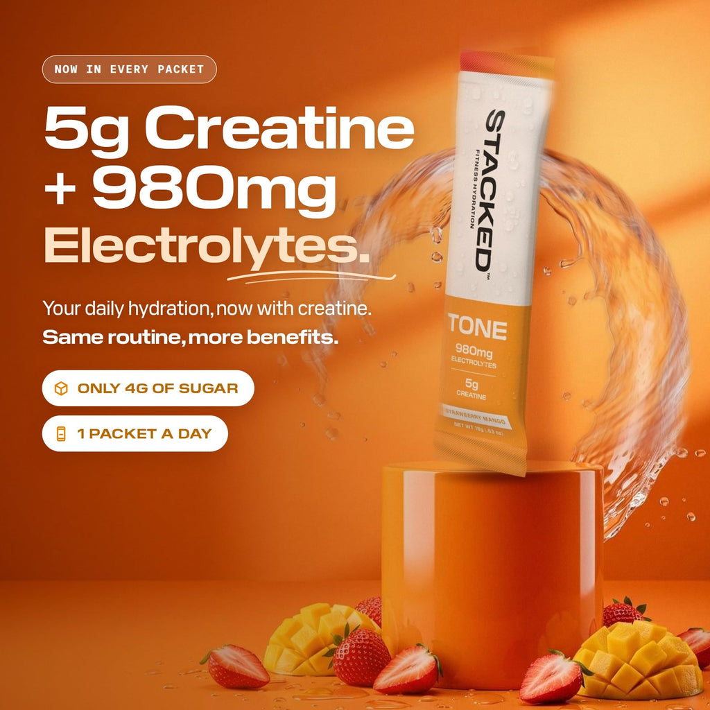 TONE creatine + hydration stick pack: 5g creatine and 980mg electrolytes in every packet, only 4g of sugar, one packet a day
