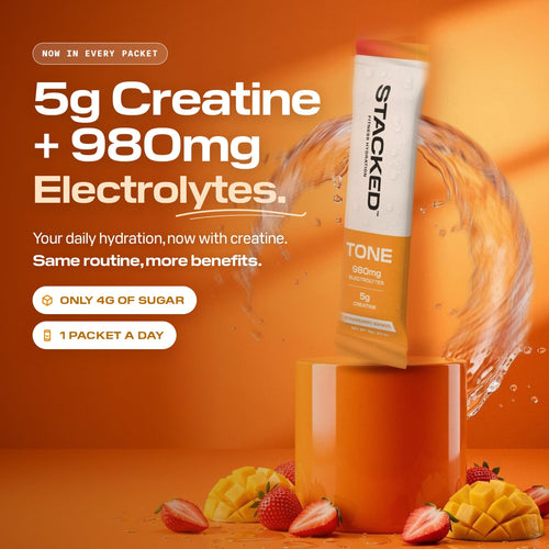 TONE creatine + hydration stick pack: 5g creatine and 980mg electrolytes in every packet, only 4g of sugar, one packet a day