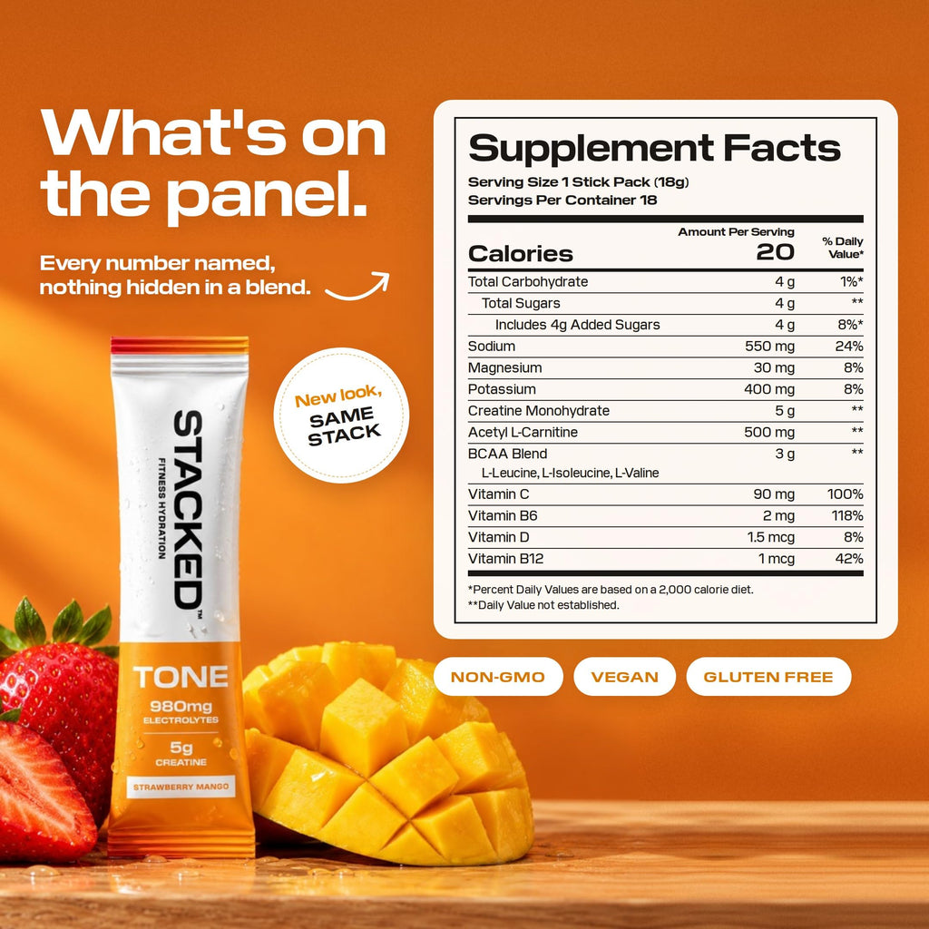TONE Strawberry Mango supplement facts panel: 5g creatine monohydrate, 550mg sodium, 400mg potassium, 30mg magnesium, vitamins C, B6, D and B12