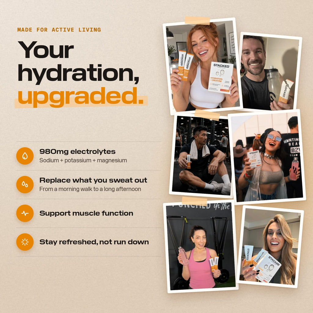 Your hydration, upgraded: 980mg electrolytes, replace what you sweat out, support muscle function, stay refreshed. Real customers holding TONE