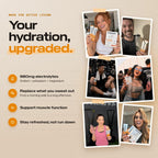Your hydration, upgraded: 980mg electrolytes, replace what you sweat out, support muscle function, stay refreshed. Real customers holding TONE