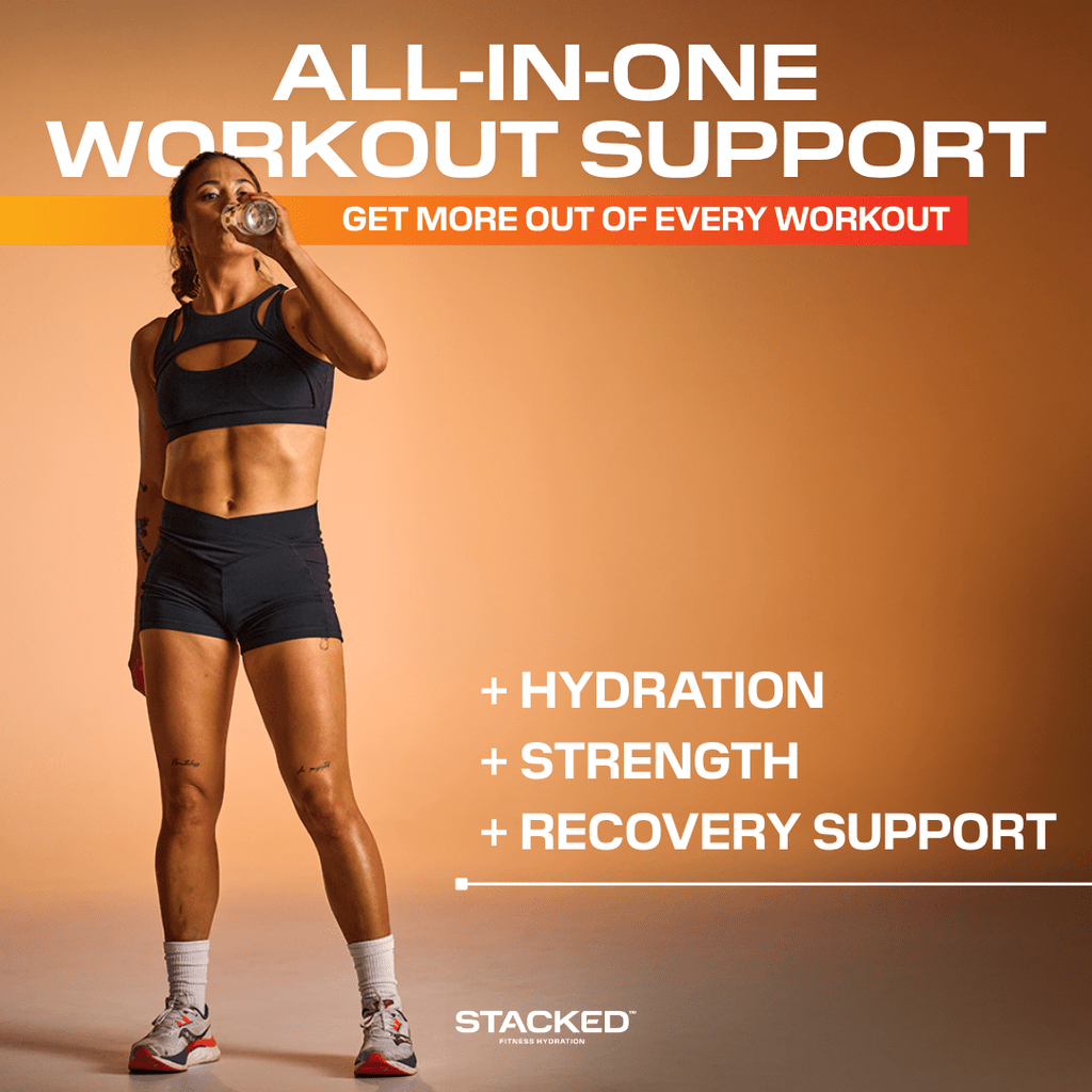 Woman in athletic wear drinking from a bottle with text about workout support on an orange background