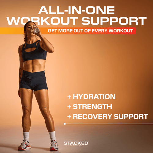 Woman in athletic wear drinking from a bottle with text about workout support on an orange background
