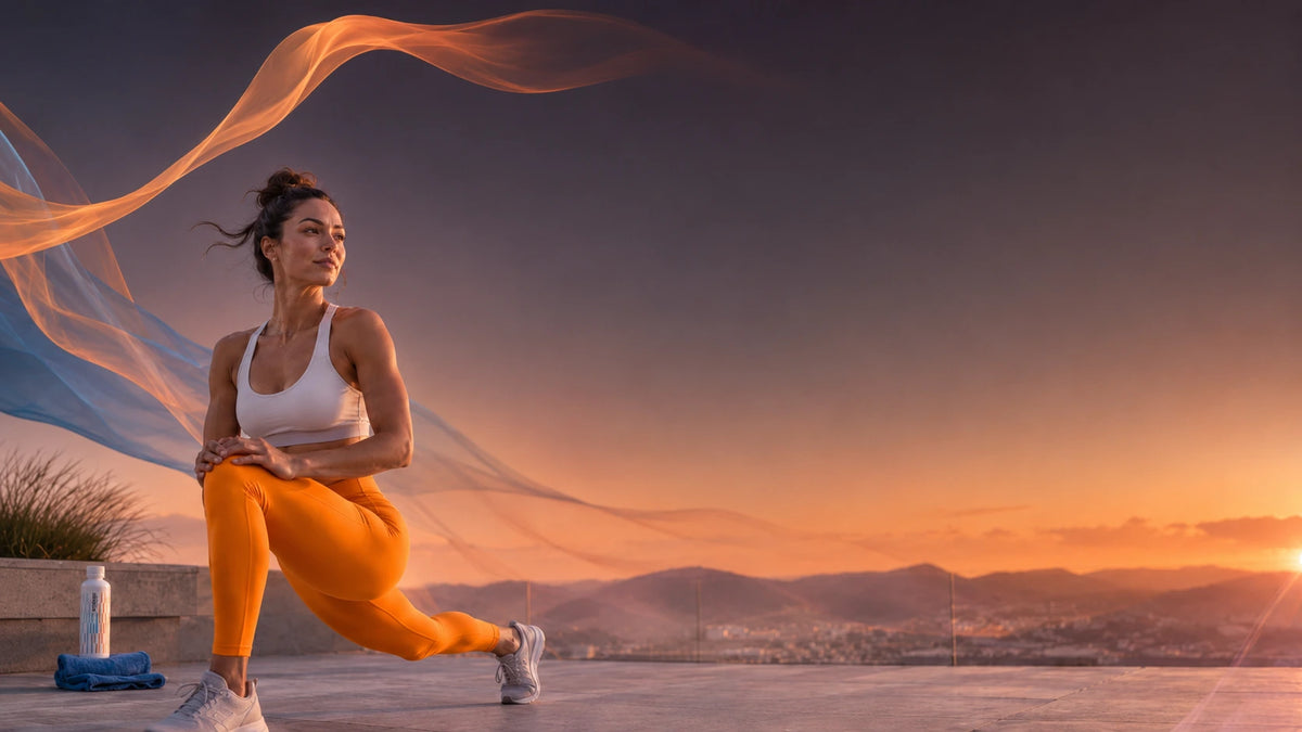 A woman in a white sports bra and bright orange leggings stretches outdoors on a rooftop at sunset, with flowing sheer fabric and a mountain landscape in the background.