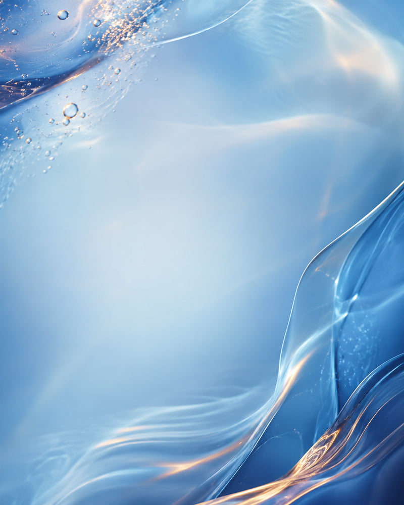 Abstract blue and white fluid artwork with flowing translucent waves, soft gradients, and small glowing golden highlights.