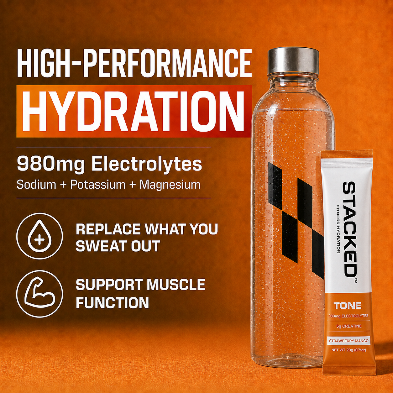A clear bottle of STACKED high-performance hydration drink with an orange liquid inside, shown next to an orange and white STACKED TONE electrolyte stick pack on an orange background with promotional text.