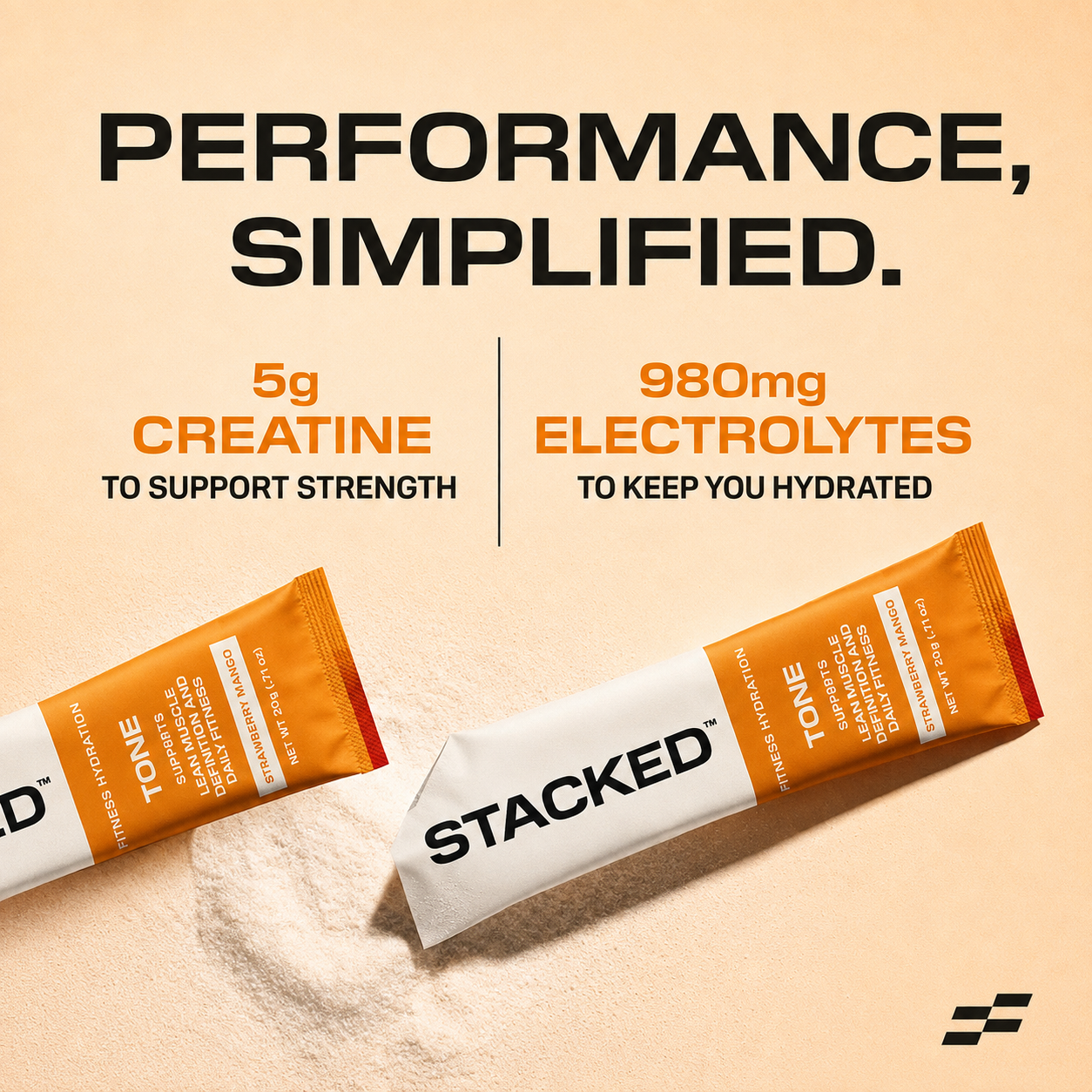 Two STACKED TONE performance drink powder packets on a beige background with text highlighting 5g creatine and 980mg electrolytes.
