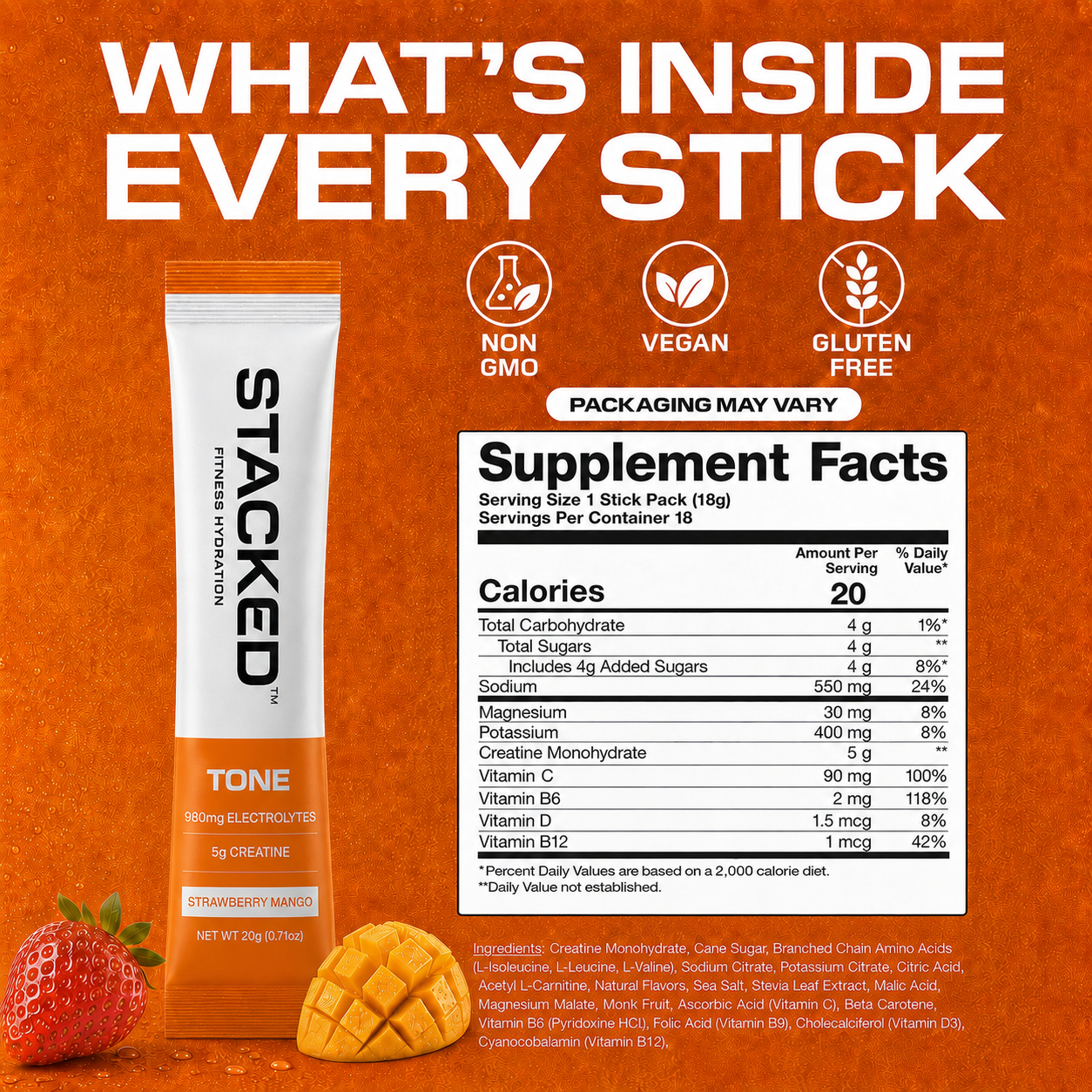 A promotional product graphic for a single stick of STACKED TONE electrolyte powder. The white and orange tube is shown on the left, with a large Supplement Facts panel on the right and three feature icons above: Non GMO, Vegan, and Gluten Free.
