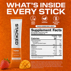 A promotional product graphic for a single stick of STACKED TONE electrolyte powder. The white and orange tube is shown on the left, with a large Supplement Facts panel on the right and three feature icons above: Non GMO, Vegan, and Gluten Free.