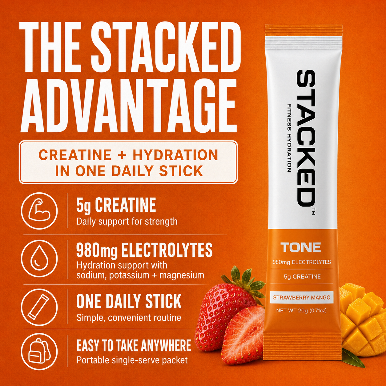 A single daily stick packet of STACKED Fitness Hydration 'Tone' creatine and electrolyte powder, shown on an orange background with promotional text and fruit imagery.