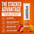 A single daily stick packet of STACKED Fitness Hydration 'Tone' creatine and electrolyte powder, shown on an orange background with promotional text and fruit imagery.