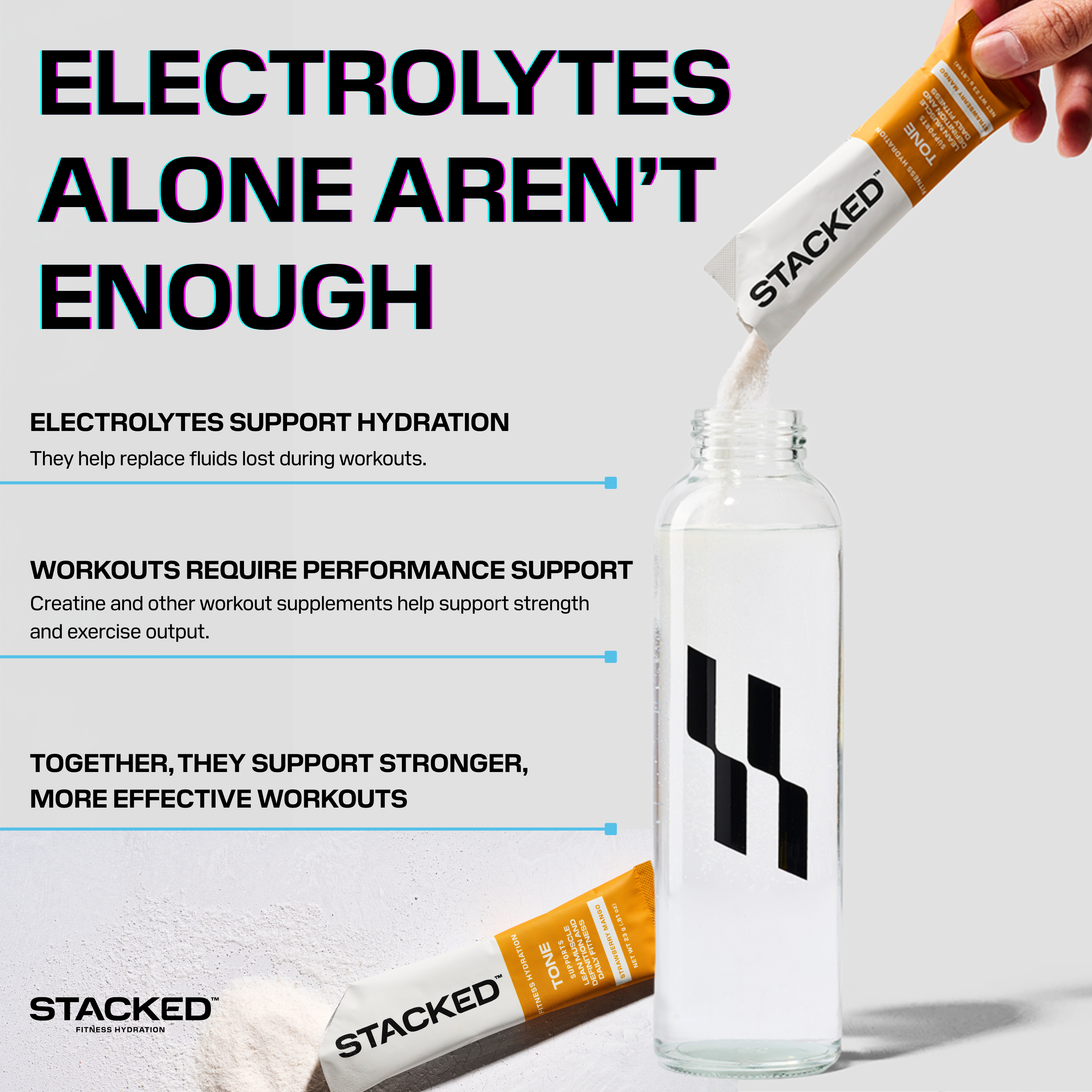 Stacked supplement being poured into a bottle with promotional text about electrolytes and workouts.