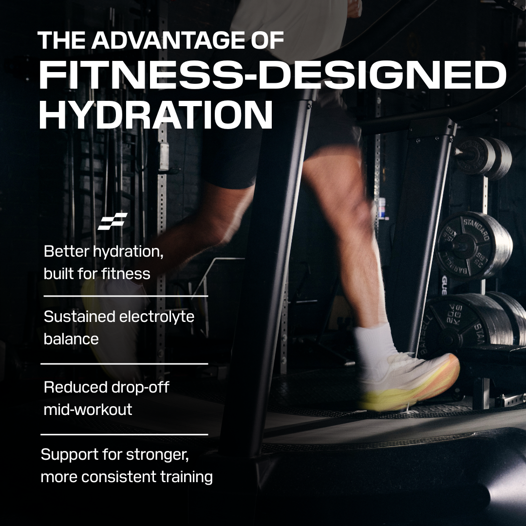 Person exercising on a treadmill with text about fitness-designed hydration benefits.