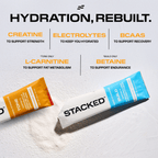 Two Stacked BUILD creatine and electrolyte stick packs on a light grey background with text about hydration and recovery