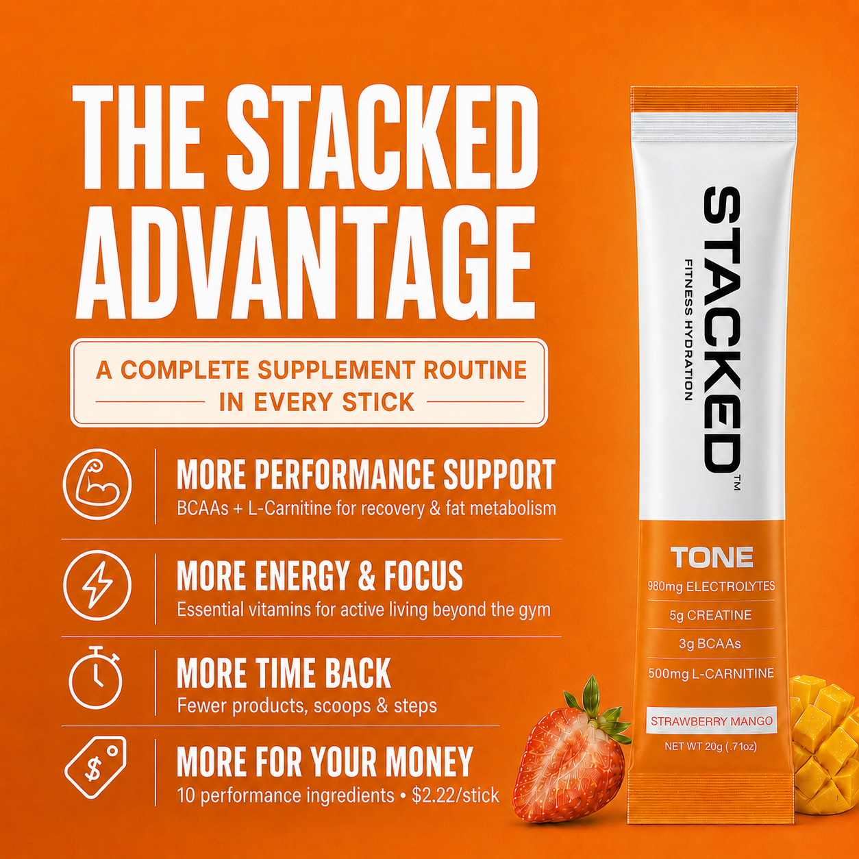 A single stick of STACKED TONE supplement powder shown on an orange promotional graphic with marketing text and fruit illustrations. The stick pack is white and orange, and the image includes claims about performance, energy, and time back.