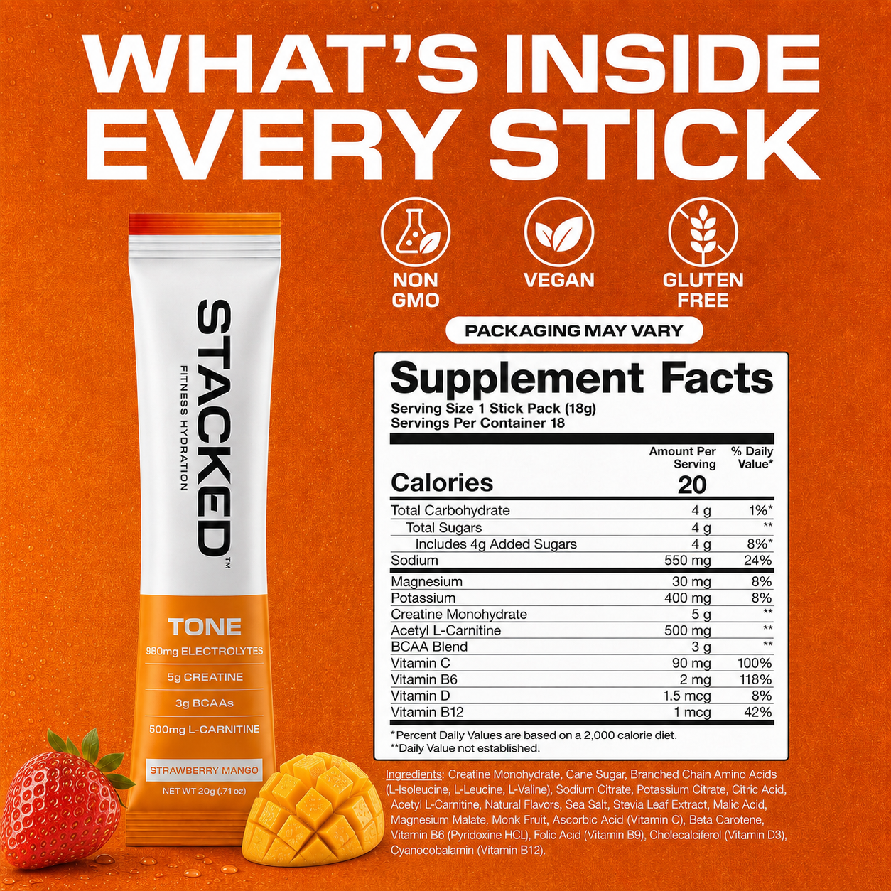 A single stick of protein powder from STACKED is shown on a bright orange background with large text reading 'WHAT'S INSIDE EVERY STICK.' The tube is white with a red cap and a peach label.