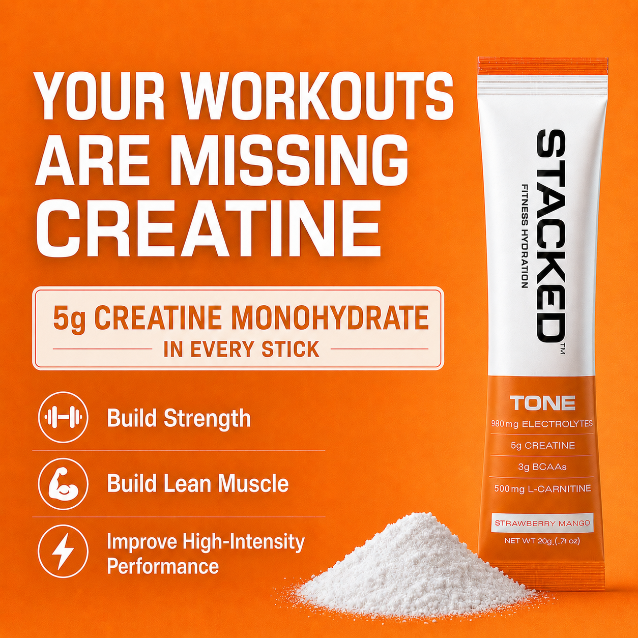 A promotional graphic for STACKED Creatine Monohydrate showing a single stick pack on an orange background with large marketing text and a small pile of white powder. The product packaging is white and orange, and the visible brand is STACKED.