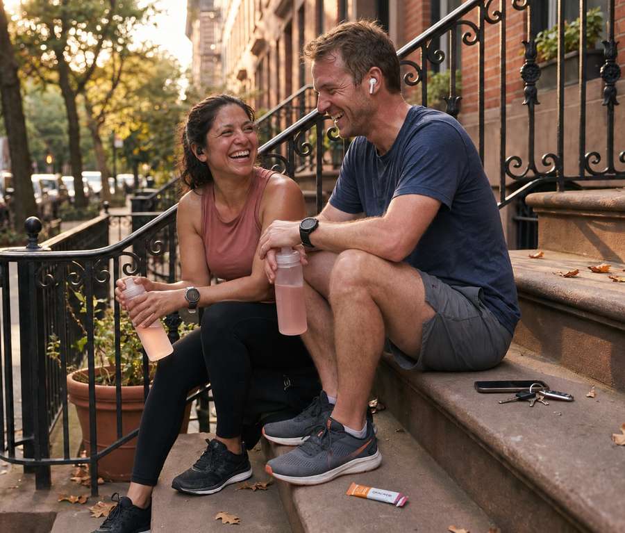 Couple laughing on brownstone steps with water bottles and a TONE stick