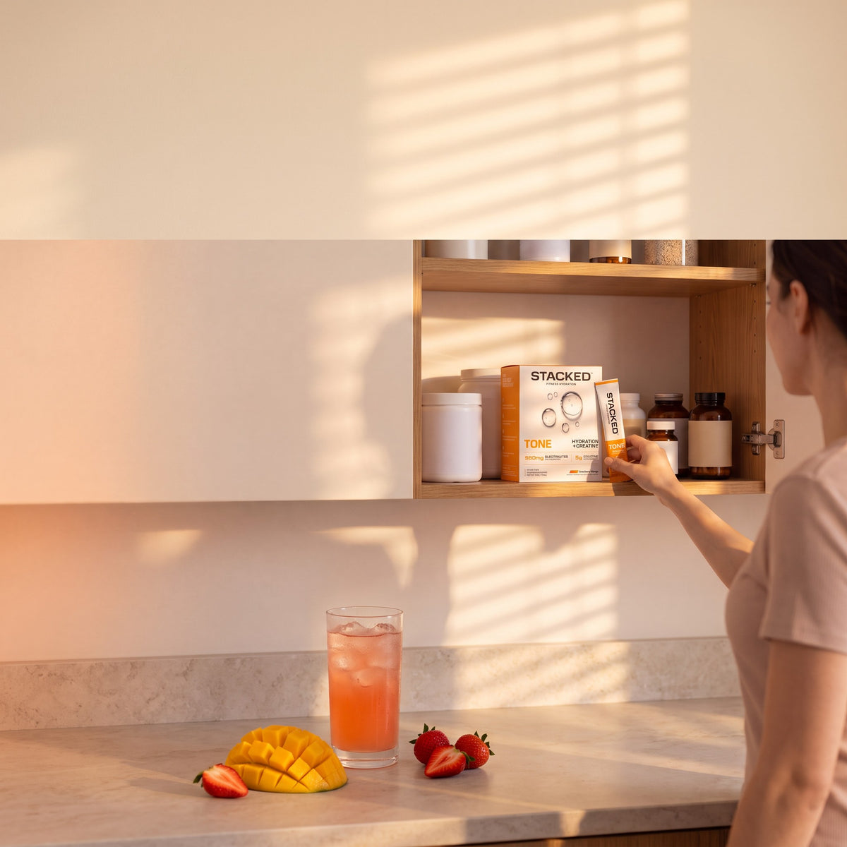 Woman reaching into her kitchen cabinet for a box of TONE with a stick on the shelf
